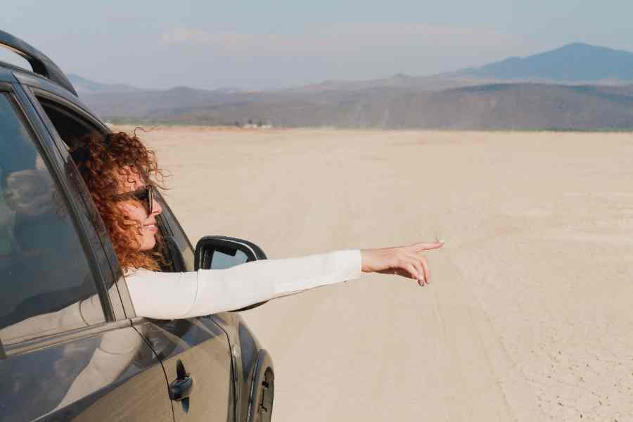 Woman pointing out of a car window